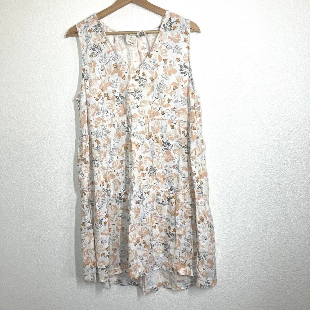 Sun Dress Linen Dress Joie Floral Large 100% Linen Sleeveless Tiered Summer